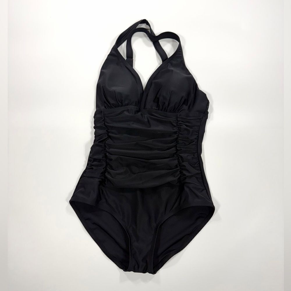 Black Halter One-Piece Swimsuit with ruched waist L